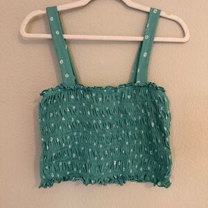 American Eagle Outfitters Cropped Top Smocked Tank Top Teal Womens